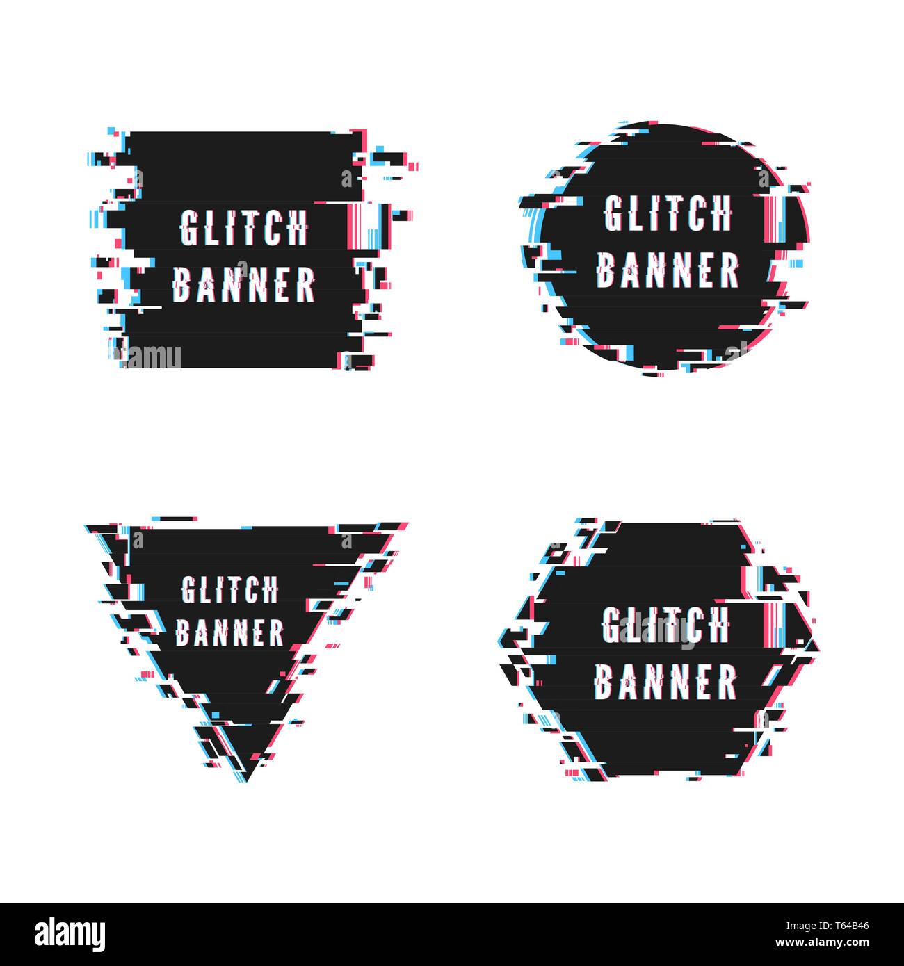 Platz dreieckige hexagonal und kreisförmigen Banner in verzerrten glitch Stil. Vector Illustration auf weißem Hintergrund Stock Vektor