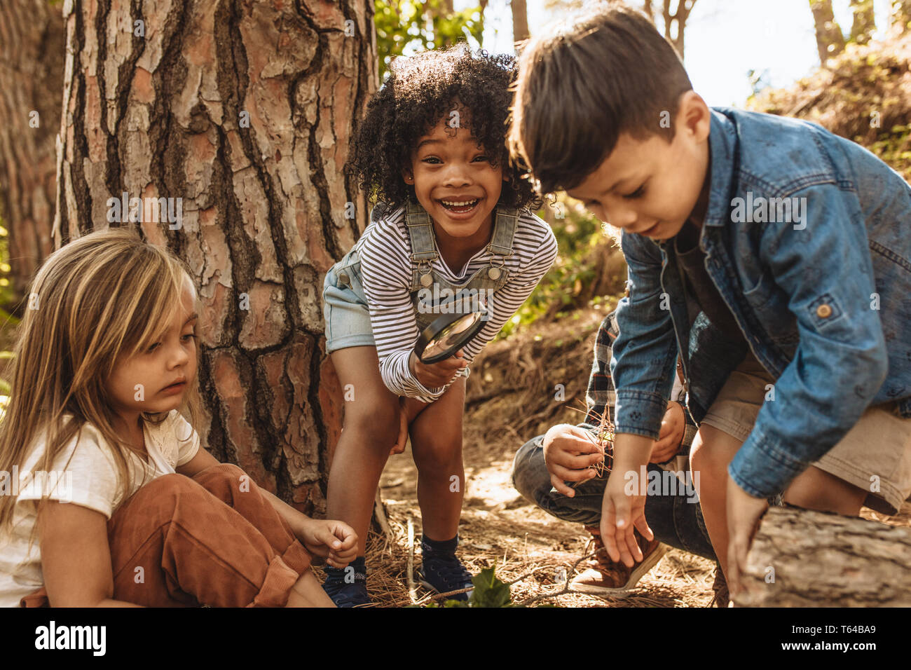 Niedliche Kinder mit Lupe im Freien. Spielende Kinder im Wald mit Lupe. Stockfoto