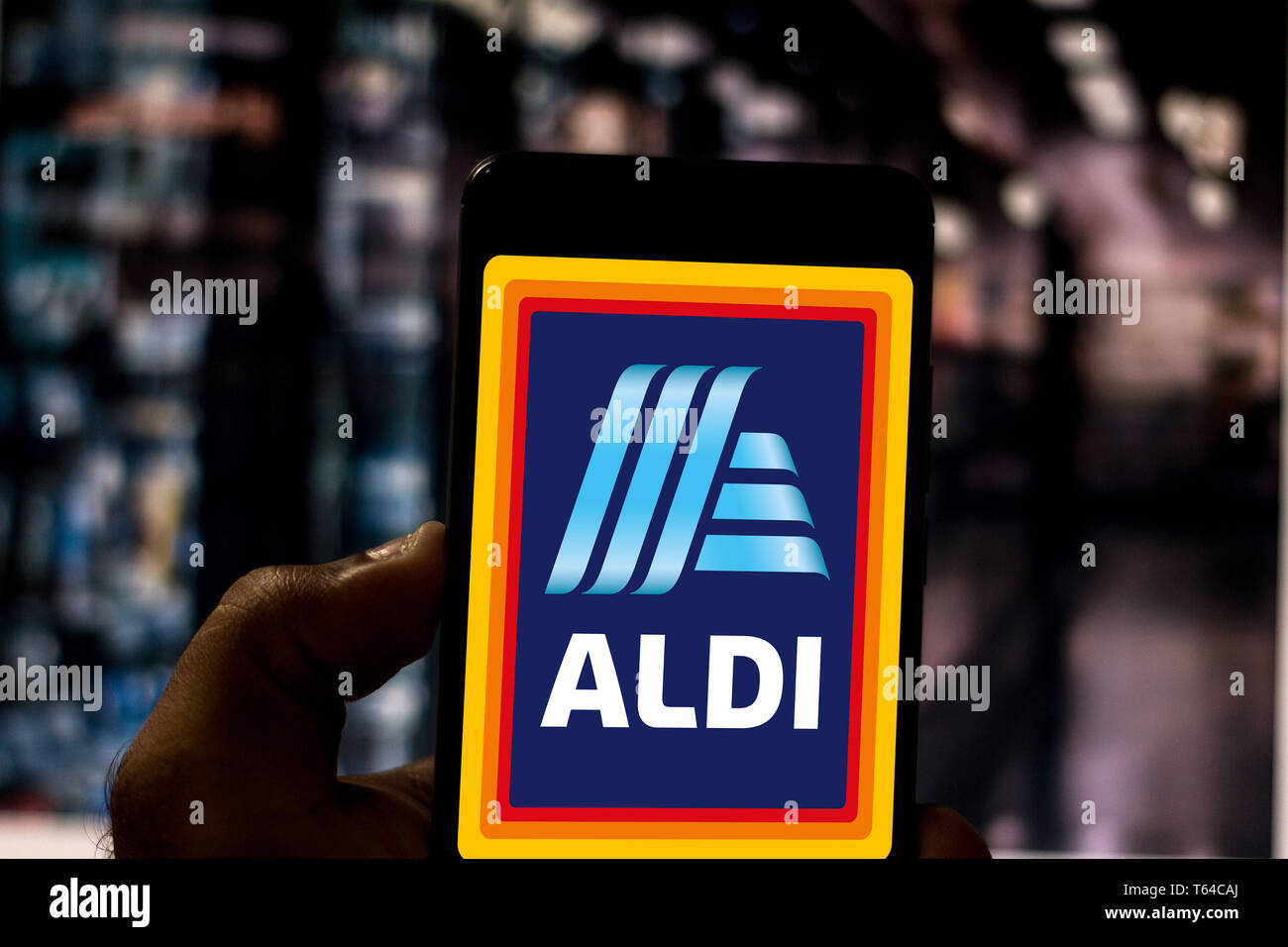 April 1, 2019 - GlÃ³Ria De Dourados, Mato Grosso do Sul, Brasilien - In diesem Foto Illustration ein ALDI-Logo gesehen auf dem Smartphone angezeigt. Credit: Rafael Henrique/SOPA Images/ZUMA Draht/Alamy leben Nachrichten Stockfoto