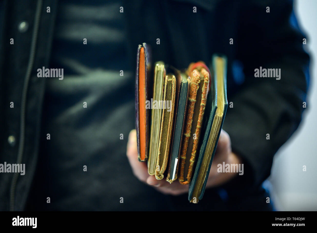 Oldenburg, Deutschland. 11 Apr, 2019. Stefan Walter, wissenschaftlicher Mitarbeiter am Institut für Pädagogik an der Carl-von-Ossietzky-Universität in Oldenburg, hält ein paar Poesie Alben in seiner Hand. Walter hat recherchiert und seine Dissertation über Poesie Alben geschrieben. Credit: mohssen Assanimoghaddam/dpa/Alamy leben Nachrichten Stockfoto