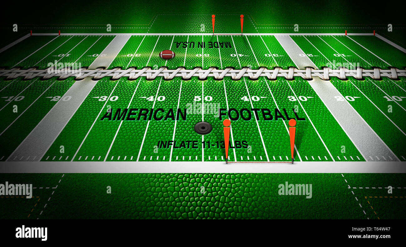 Ein Fußballplatz mit dem Gras von der Textur, Schnürsenkel, Typ und und das Luftventil einer Fußball ersetzt. 3D-Darstellung Stockfoto