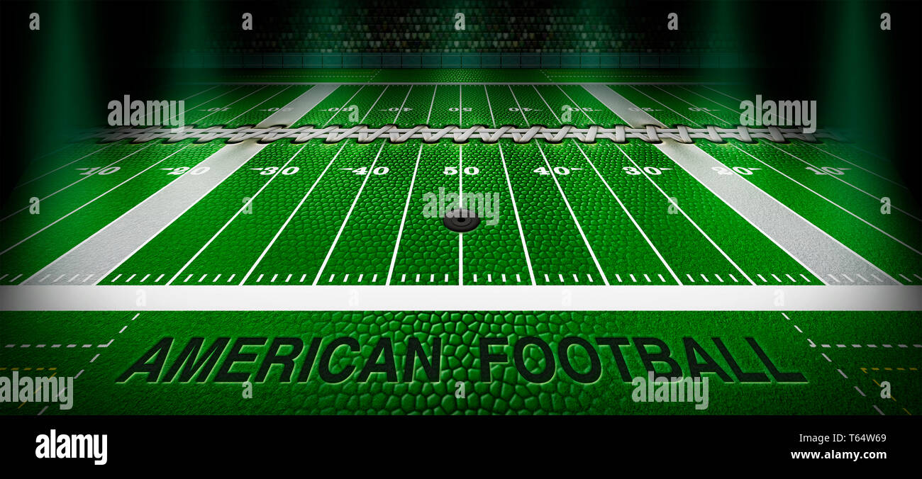 Ein Fußballplatz mit dem Gras von der Textur, Schnürsenkel, Typ und und das Luftventil einer Fußball ersetzt. Die Worte "American Football" sind in Geprägtem Stockfoto