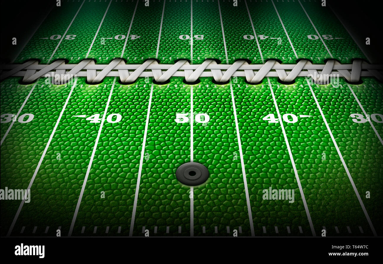 Ein Fußballplatz mit dem Gras von der Textur, Schnürsenkel, Typ und und das Luftventil einer Fußball ersetzt. 3D-Darstellung Stockfoto