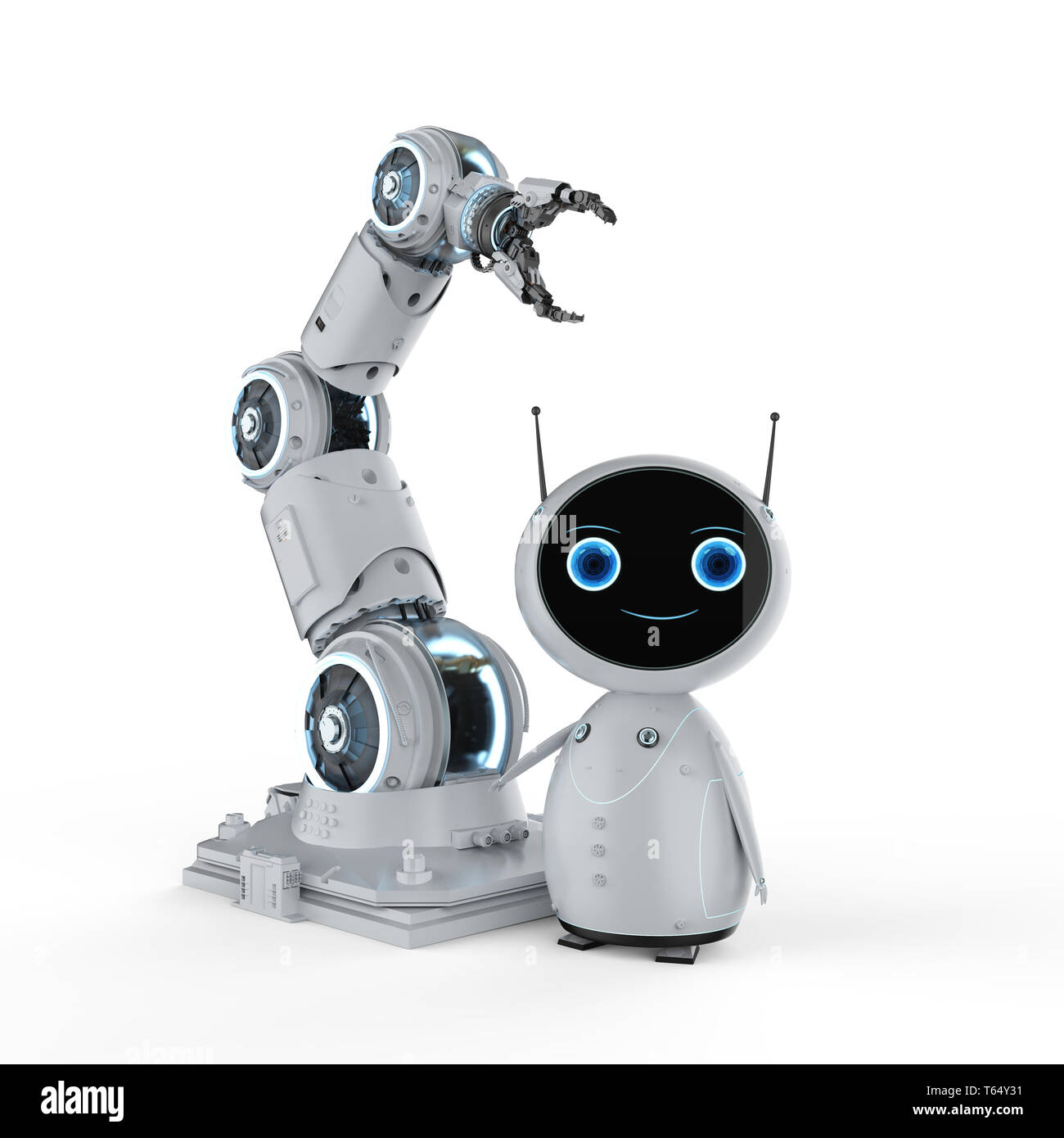 3D-Rendering cute künstliche Intelligenz Roboter mit Roboterarm Stockfoto