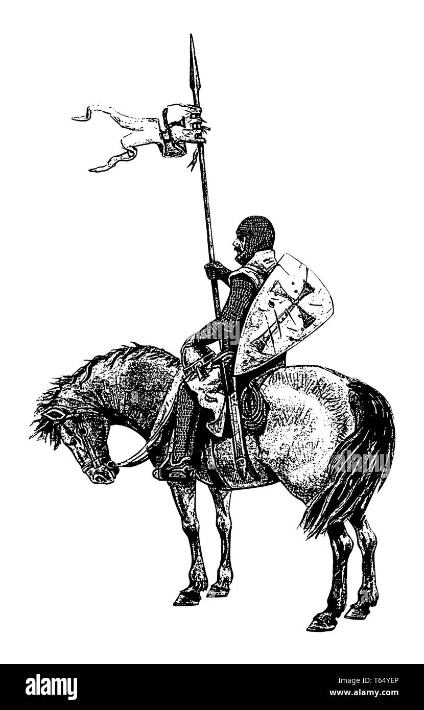 Mittelalterliche Ritter Abbildung montiert. Templer Ritter zu Pferd. Schwarze und weiße Silhouette. Stockfoto