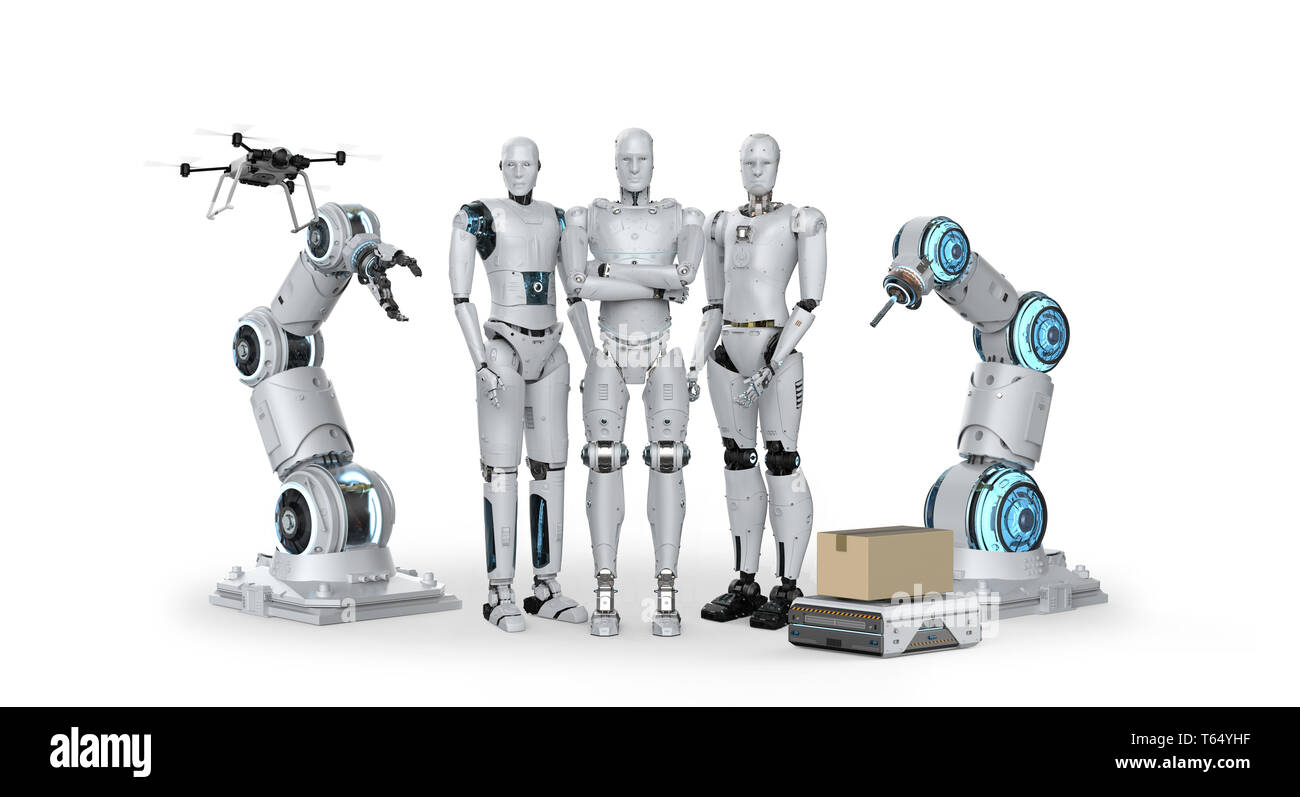 3D-Rendering Group der Automatisierung Roboter und Roboterarme Stockfoto