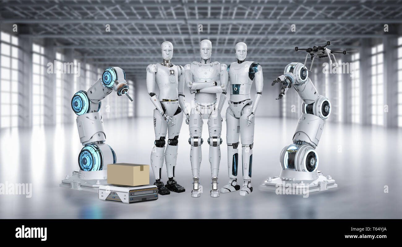 3D-Rendering Group der Automatisierung Roboter und Roboterarme Stockfoto