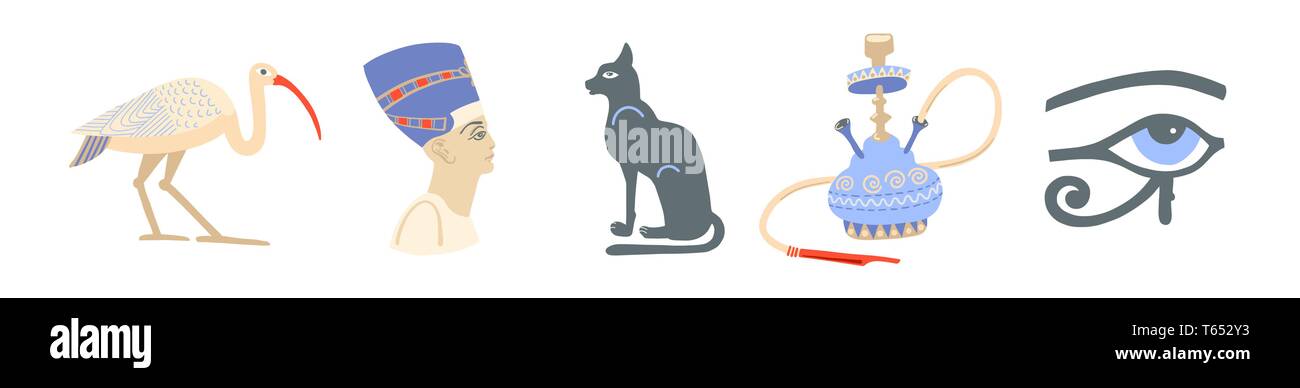 Symbole der ägyptische Symbole - Ibis, Nofretete, Bastet, Shisha und das Auge des Ra Stock Vektor