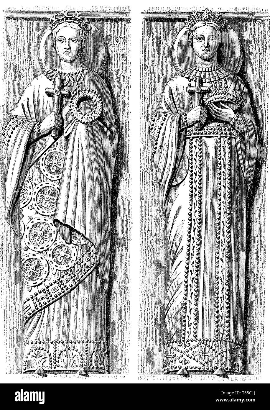 Lombard Prinzessinnen in byzantinischen Kostüm des 8. Jahrhunderts. Statuen in der Kapelle des Klosters Tividale in der Nähe von Friaul. Nach Gailhabaud, Stockfoto