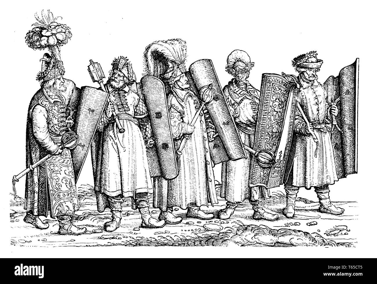 Ungarische Kostüme im 16. Jahrhundert. Nach einem Holzschnitt auf Burgsmair im Triumphzug Kaiser Maximilians I., Hans Burgkmair Stockfoto