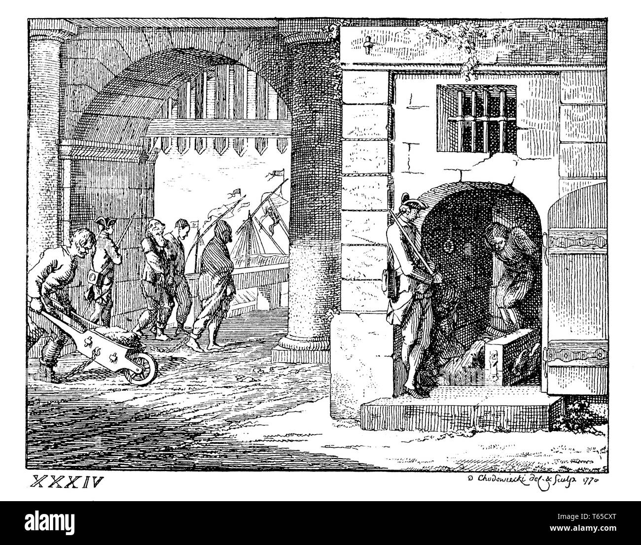 Strafen. Von der Verwaltung der Justiz in der Zeit Friedrichs des Großen. Faksimile der Radierung von Daniel Chodowiecki, 1770, Daniel Chodowiecki 1893 Stockfoto