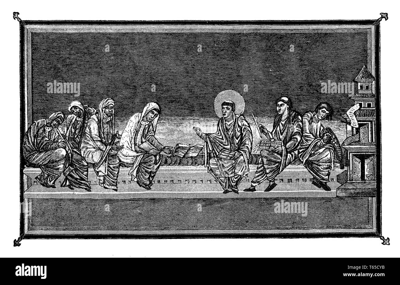 Edle Frauen und Klerus in der neunten Jahrhundert. Miniatur aus einer Bibel für Karl der Kahle in der Abtei von St. Martin zu Touren, Paris, Nationalbibliothek geschrieben. Die Miniatur zeigt der Heilige Hieronymus, der die Heilige Schrift zu Paula und anderen illustren Frauen erklärt. Der Heilige ist in das Kostüm der Kanoniker von St. Martin zu Touren, ein Messgewand, ein Chor Hemd und eine lange Tunika gekleidet. Hinter der Heilige Hieronymus sitzen zwei Schreiben Mönche., 1893 Stockfoto