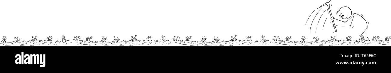 Cartoon Strichmännchen Zeichnen konzeptionelle Darstellung der armen Bauern genießen Sie hart arbeiten mit Hacke auf dem Feld. Lange horizontale Grafik oder Design Element. Stock Vektor