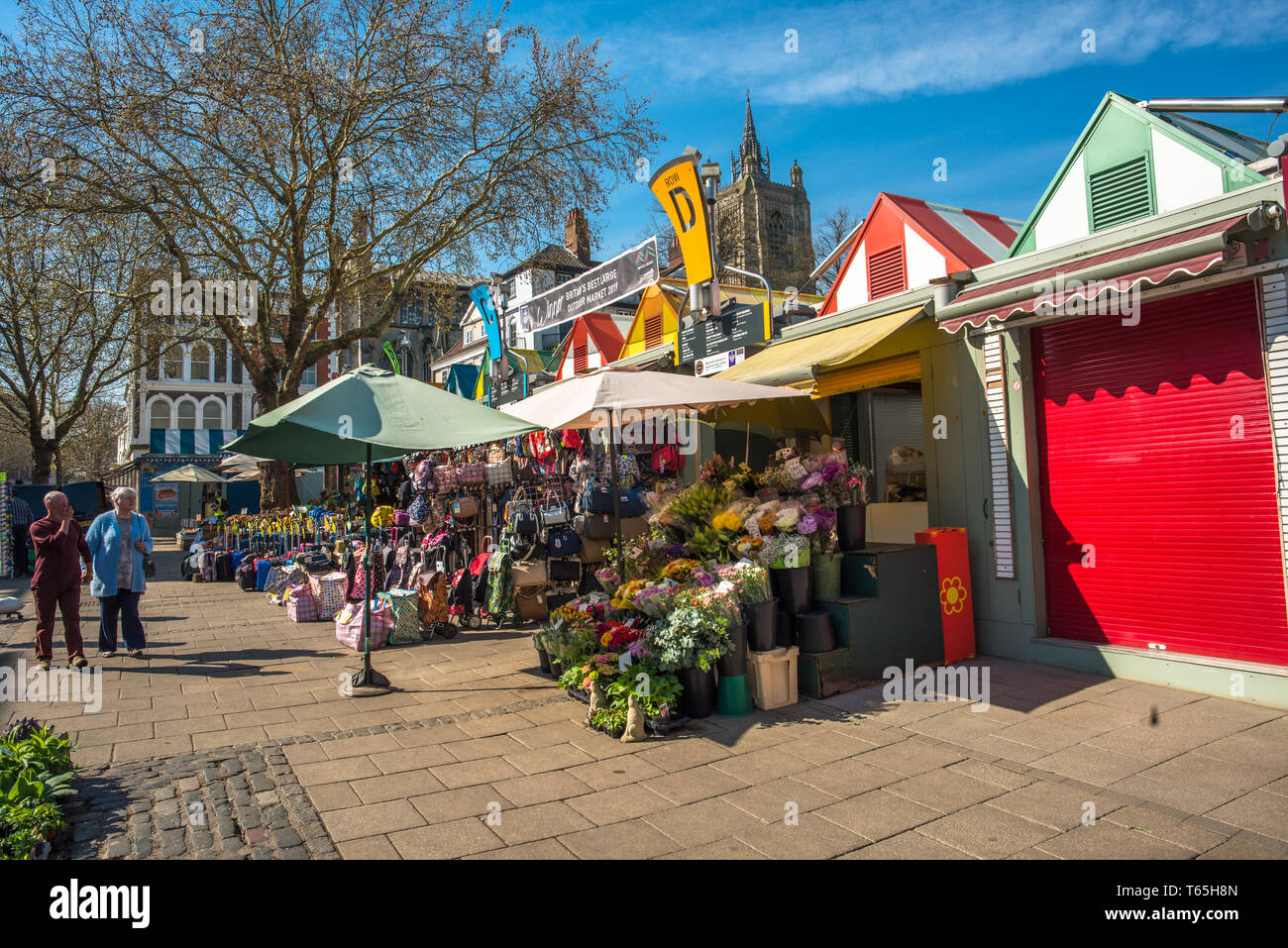 Bunte Marktstände von Norwich City Market. Norfolk, East Anglia, England, UK. Stockfoto