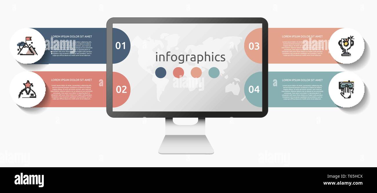 Moderne vektor Konzept monitor Infografik. Flache Vorlage angezeigt. Business Konzept mit 4 Optionen für Präsentation, Flow chart, Schritte, timeline Stock Vektor