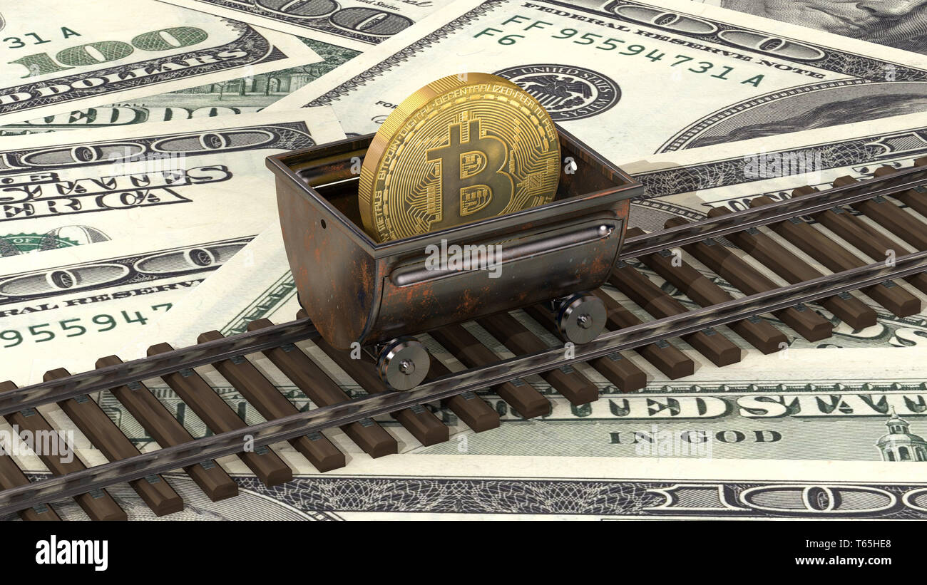 3D-Illustration: Bergbau Trolley mit bitcoin auf den Schienen auf us-Dollar Banknoten Hintergrund. Prognose der Wechselkurs springt. Stockfoto