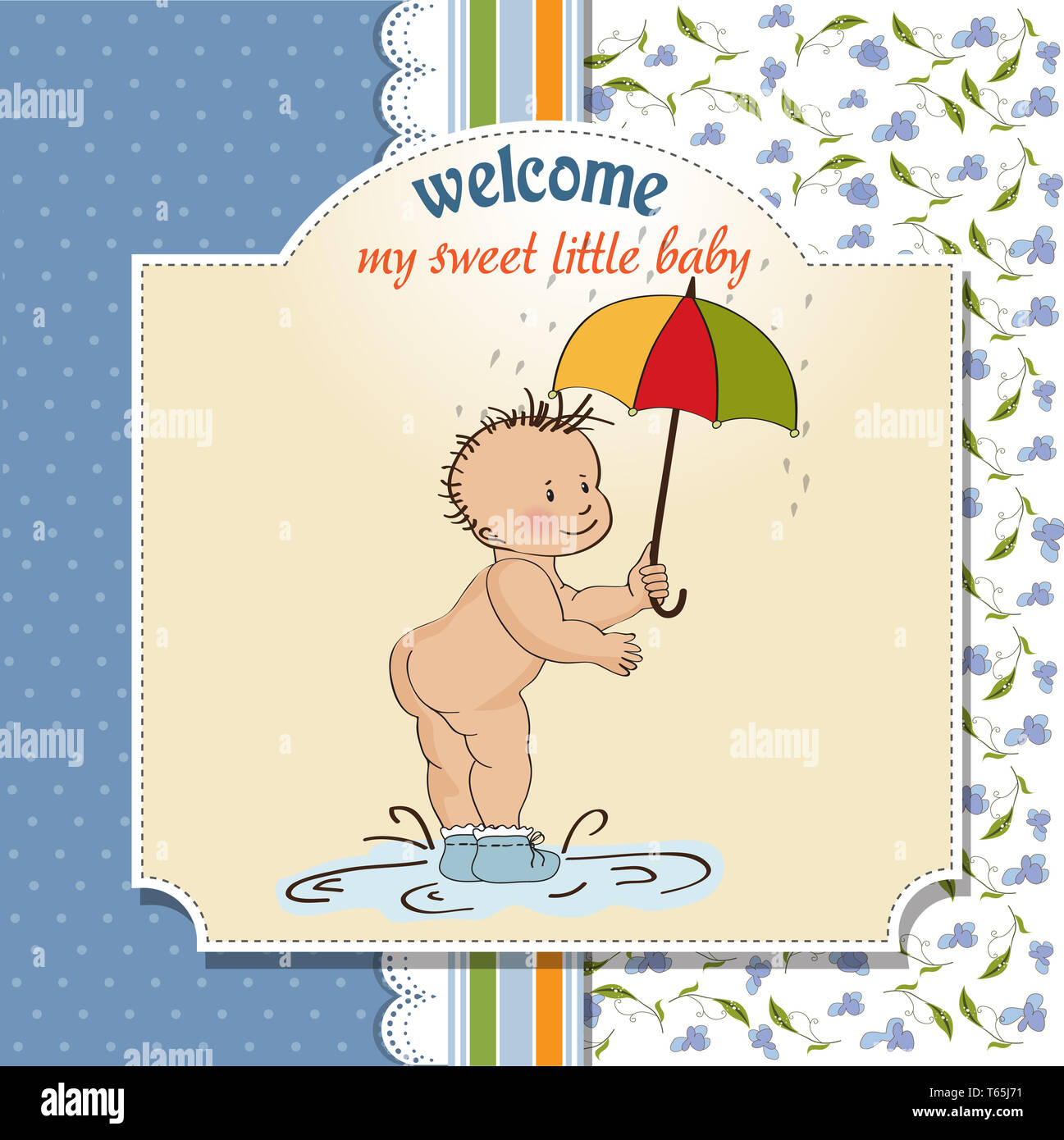 Baby Boy-Dusche-Karte mit lustigen Baby unter seinem Dach Stockfoto