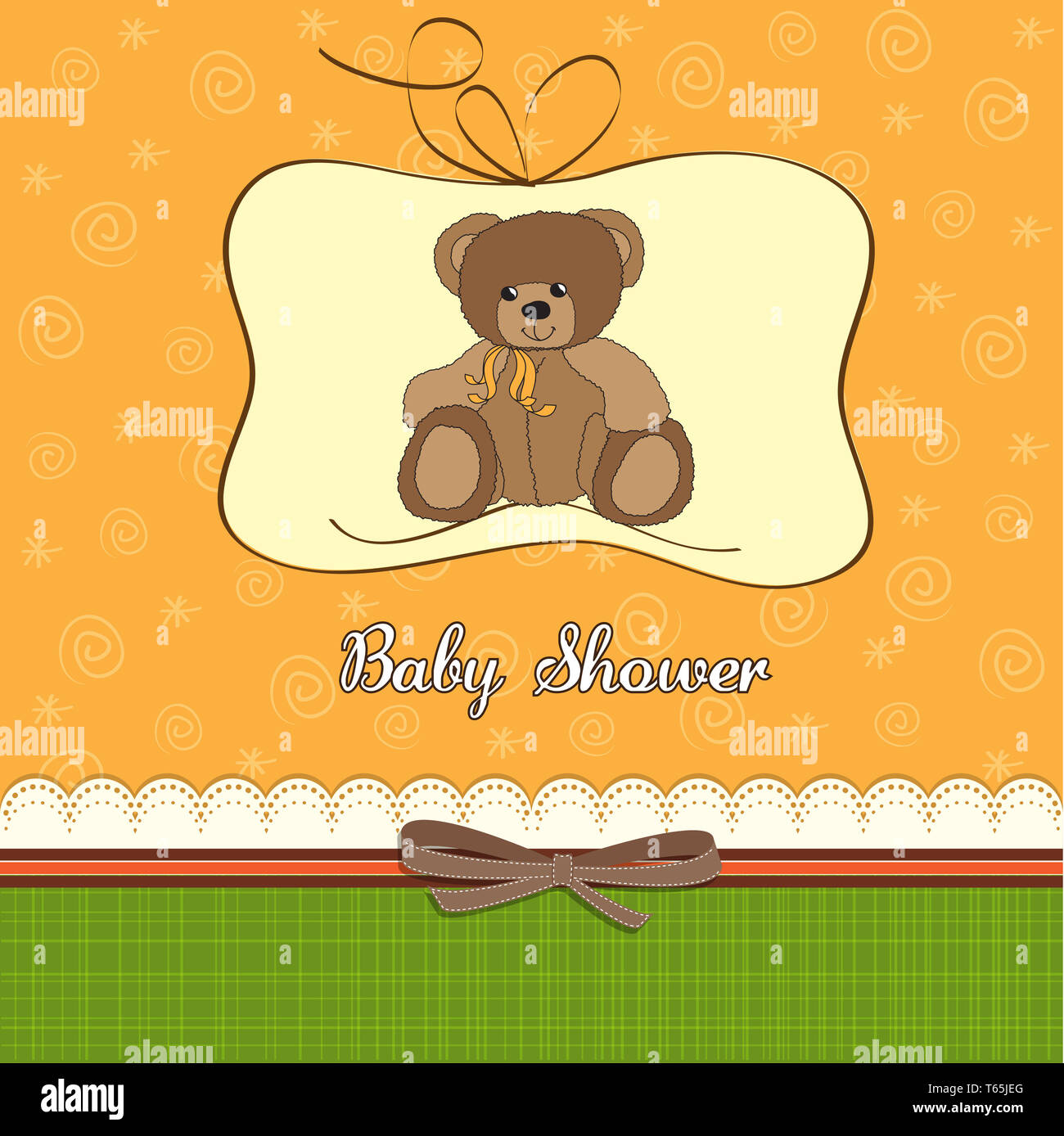 Baby-Dusche-Karte mit Teddybär Spielzeug Stockfoto