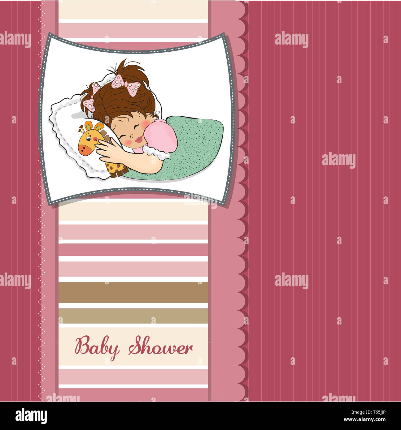 Baby-Dusche-Karte mit kleine Mädchen und ihr Spielzeug Stockfoto