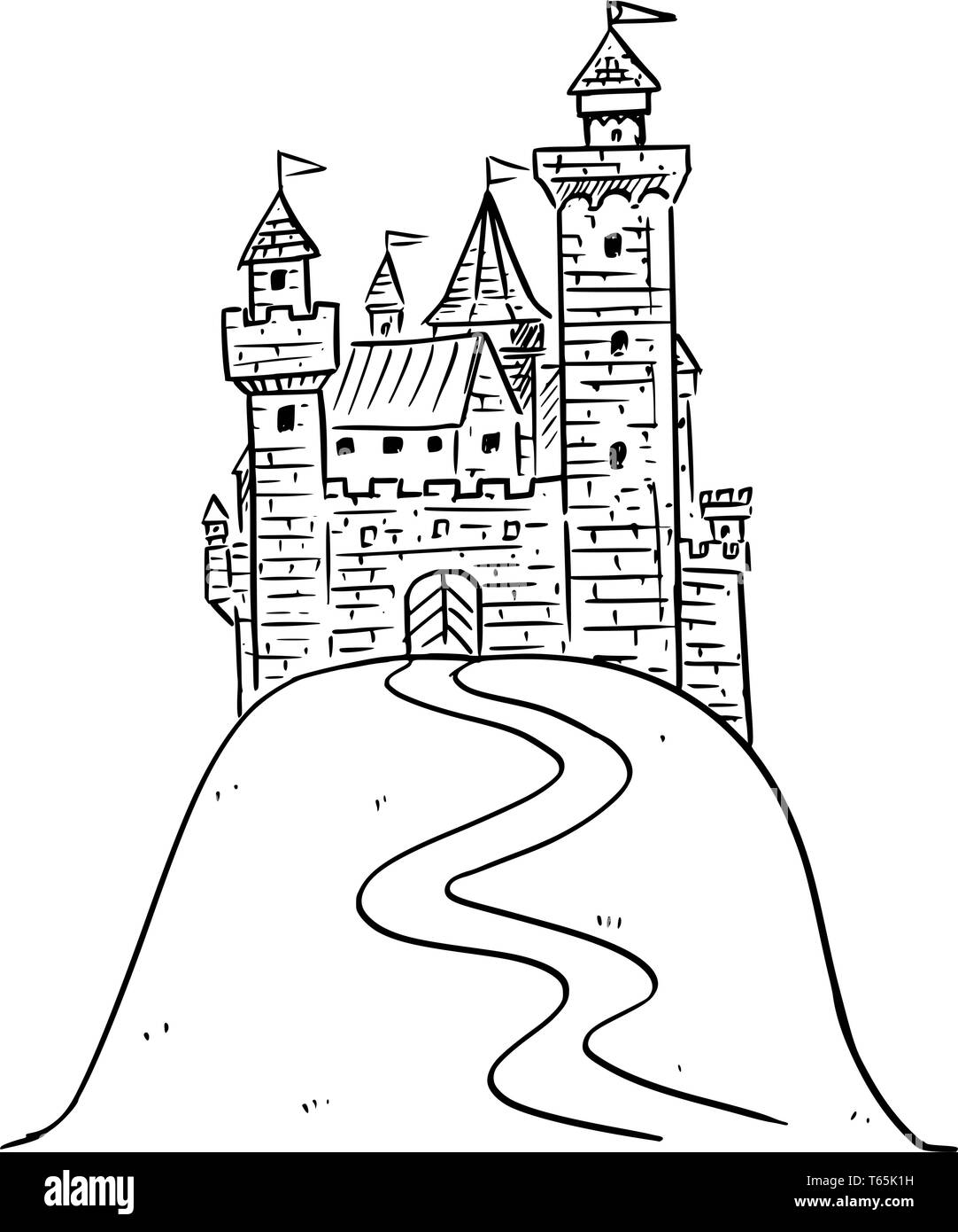 Cartoon Schwarz und Weiß Abbildung oder Zeichnung der Phantasie mittelalterliche Burg auf dem Hügel. Stock Vektor