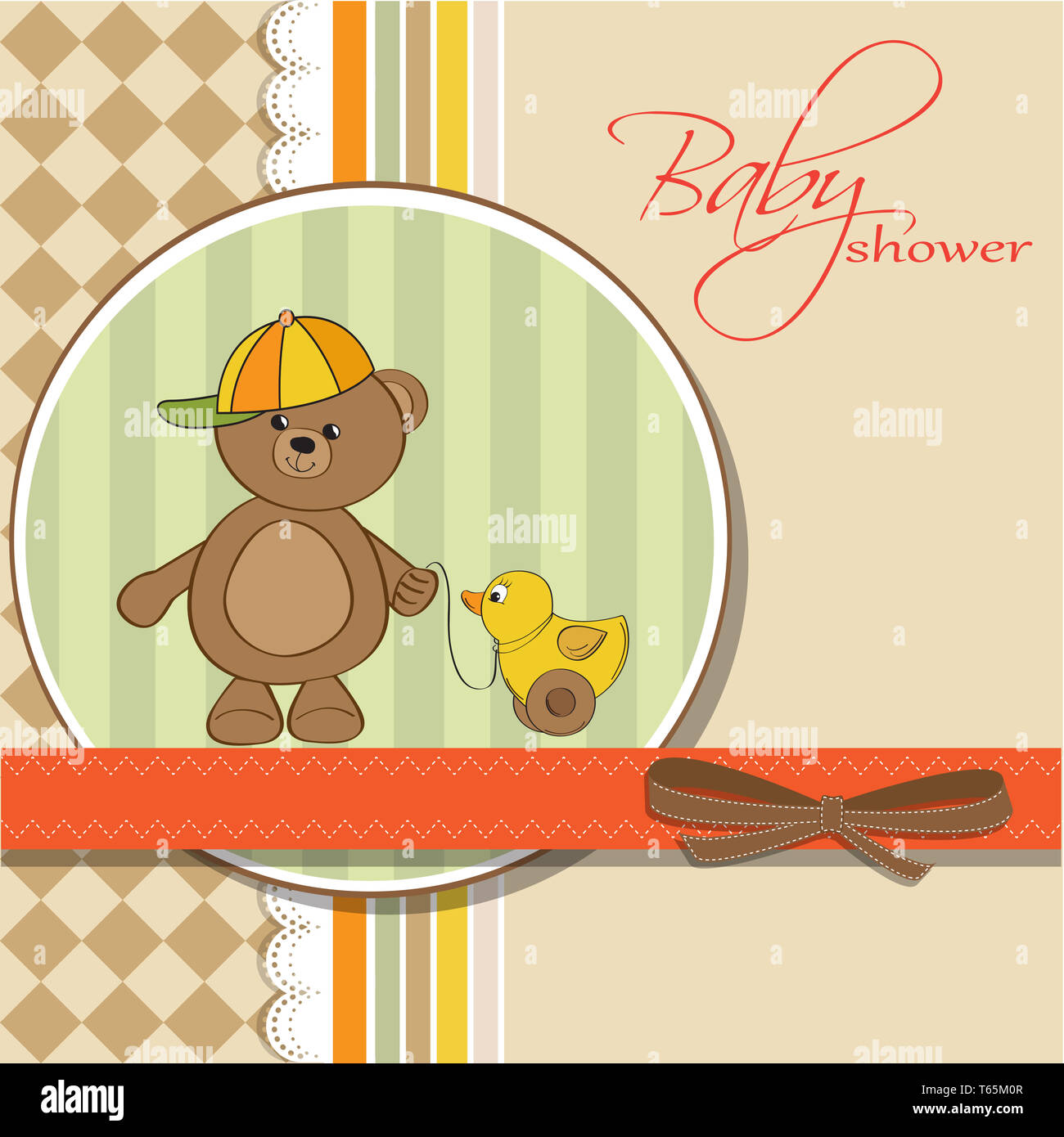 Willkommen Sie Baby-Karte mit jungen Teddybär und seine Ente Stockfoto