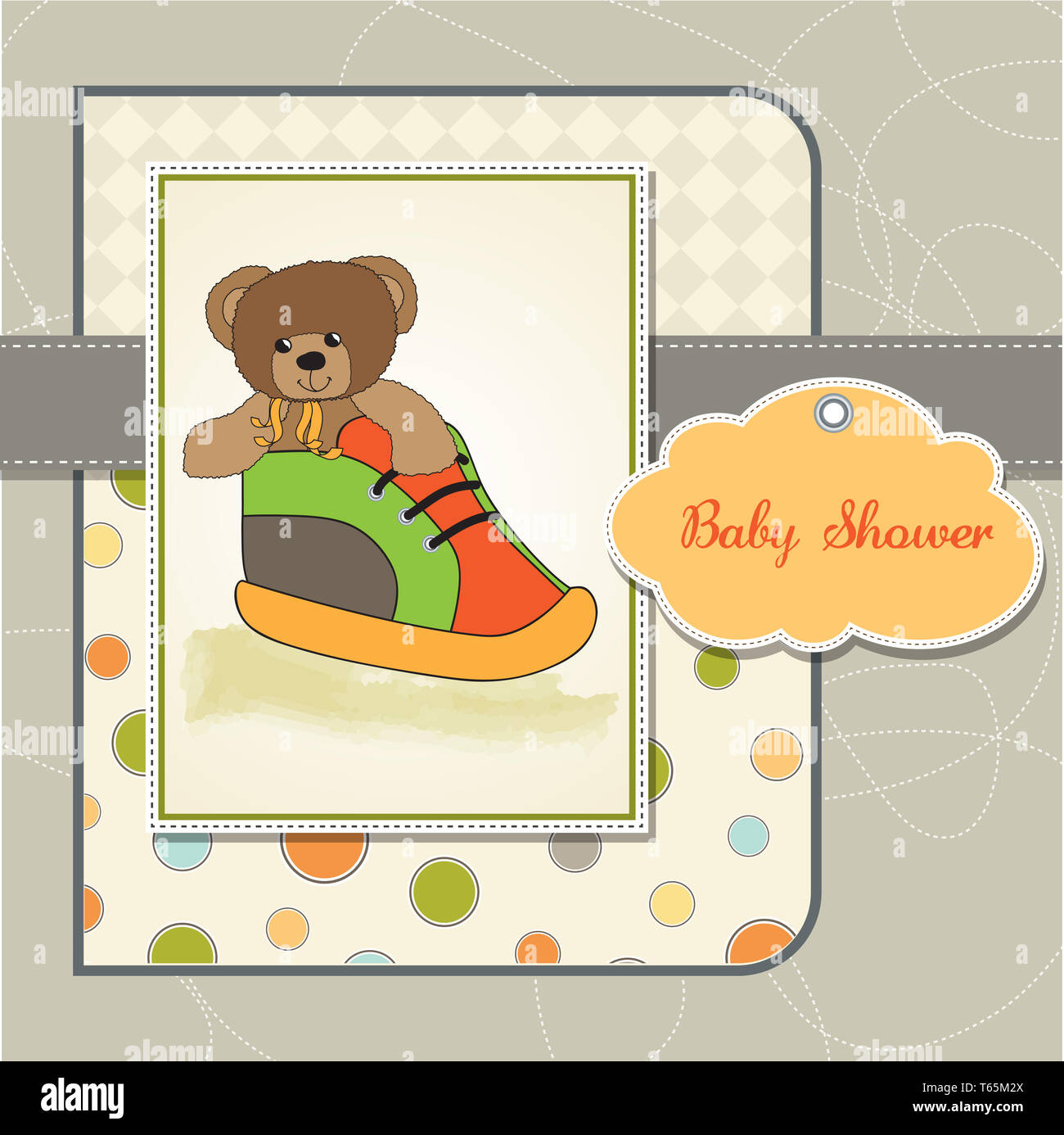 Baby-Dusche-Karte mit Teddybär versteckt in einem Schuh Stockfoto