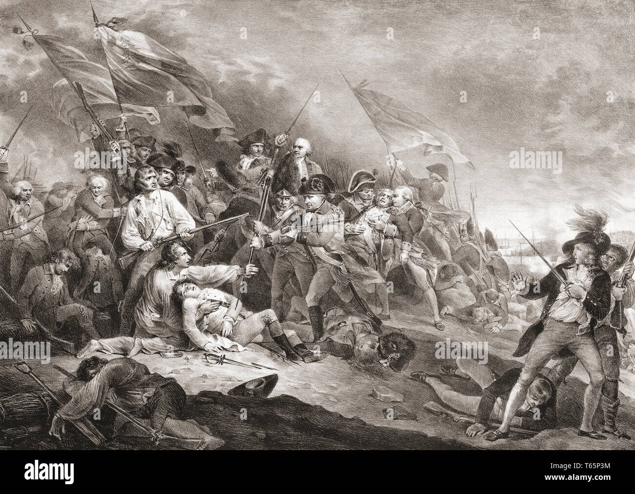 Der Tod von General Warren in der Schlacht von Bunker Hill. 19. jahrhundert Gravur nach einem 18. Jahrhundert Gemälde von John Trumbull. Stockfoto
