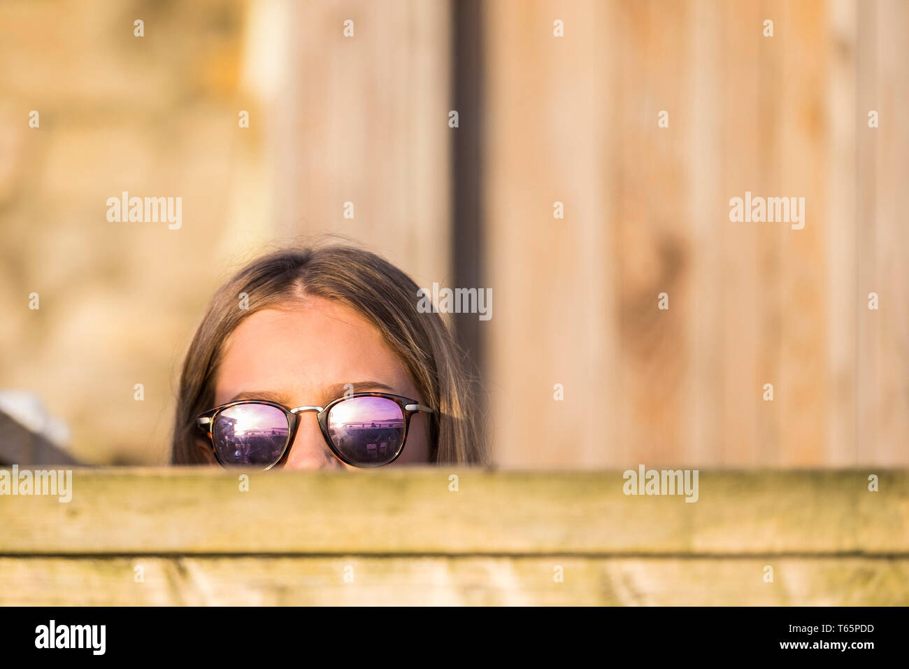 Einen Urlauber tragen Sonnenbrillen peeking über einen Holzzaun. Stockfoto