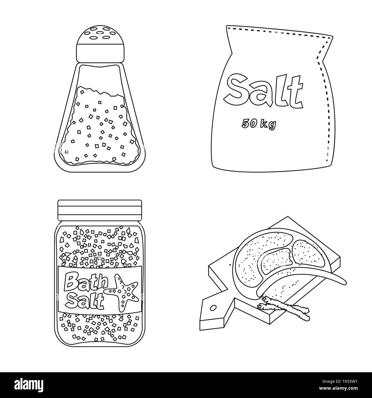 Salzfass, Tasche, Flasche, Fleisch, Gewürze, salzig, Board, weiß, Körner und Pulver, Mehl bestreuen, sauber, Container, Picknick, Badewanne, Glas, Spa, Restaurant, Vintage, Natrium, mineralischen Rohstoffen, Küche, Kochen, Meer, Natur, Backen, Salz, Nahrungsmittel, Set, Vector, Icon, Illustration, isoliert, Sammlung, Design, Element, Grafik, Zeichen, Rahmen, Linie, Vektor, Vektoren, Stock Vektor
