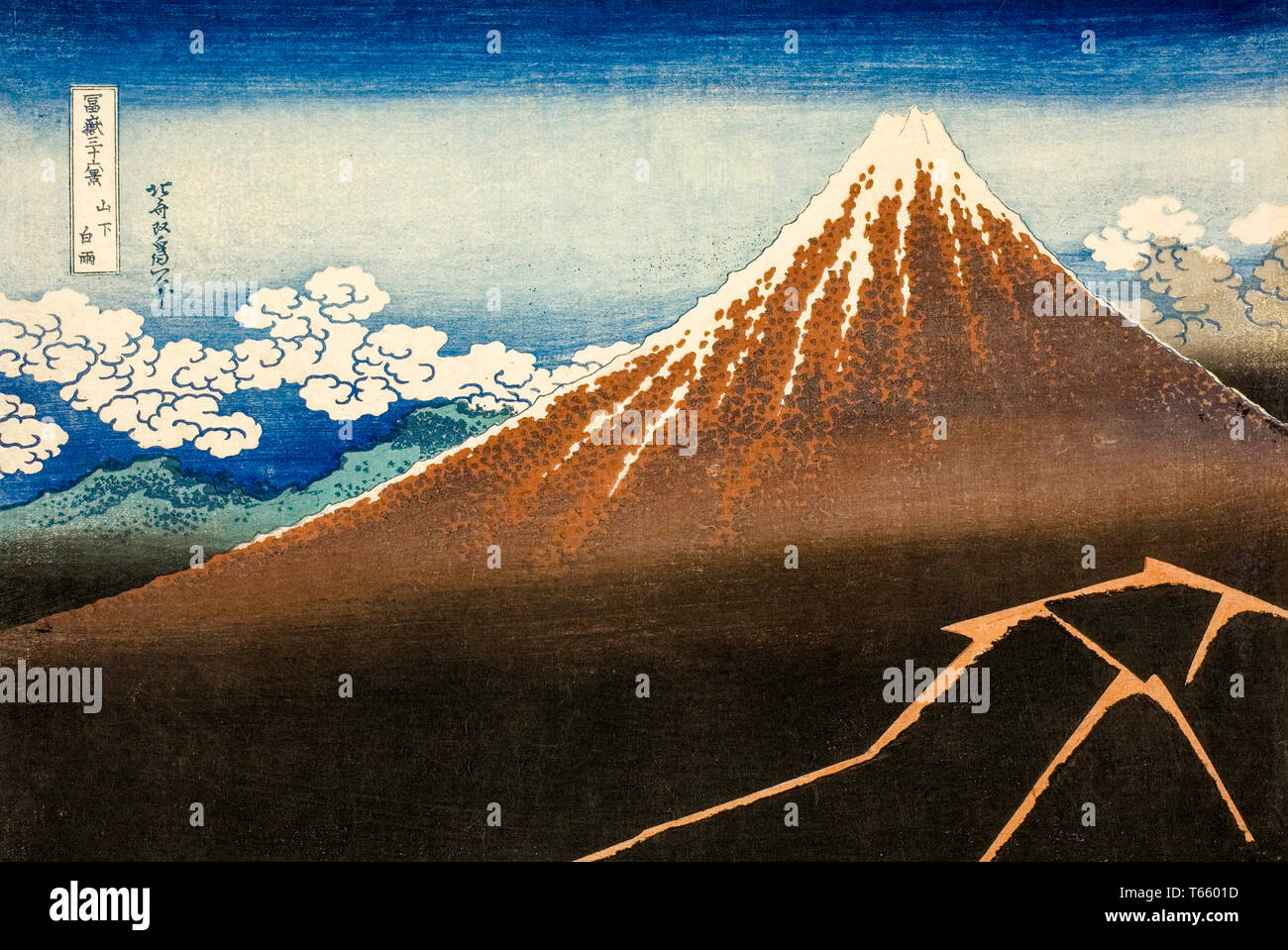 Katsushika Hokusai, Sturm unter dem Berg Fuji, (Sanka no haku U), Holzschnitt, um 1830 Stockfoto