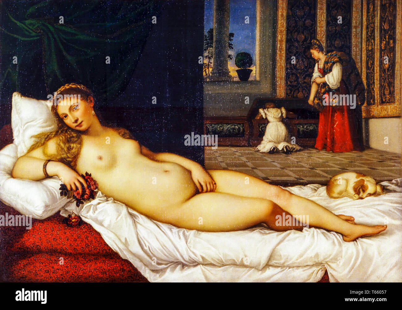 Tizian, Tiziano Vecellio, Venus von Urbino, Renaissance-Gemälde in Öl auf Leinwand, 1538 Stockfoto