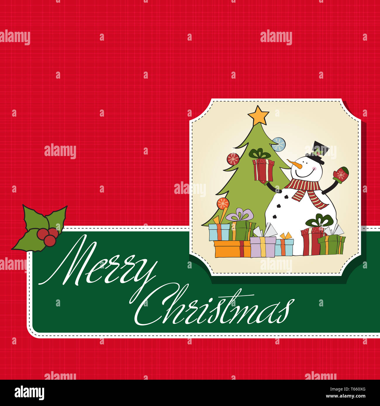 Weihnachtsgrußkarte mit Schneemann Stockfoto