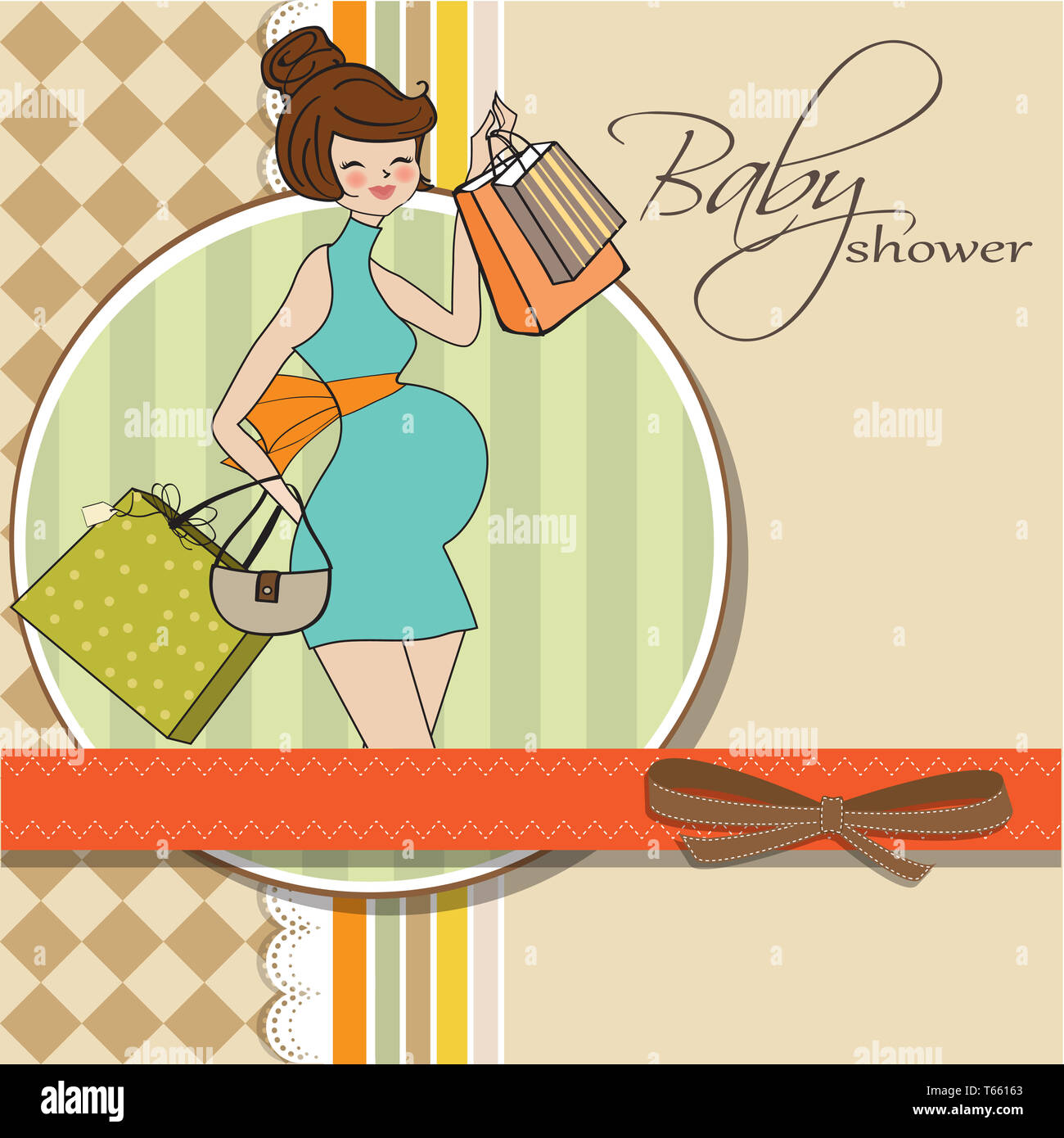 Baby Ankündigung Karte mit schöne schwangere Frau zum Einkaufen Stockfoto