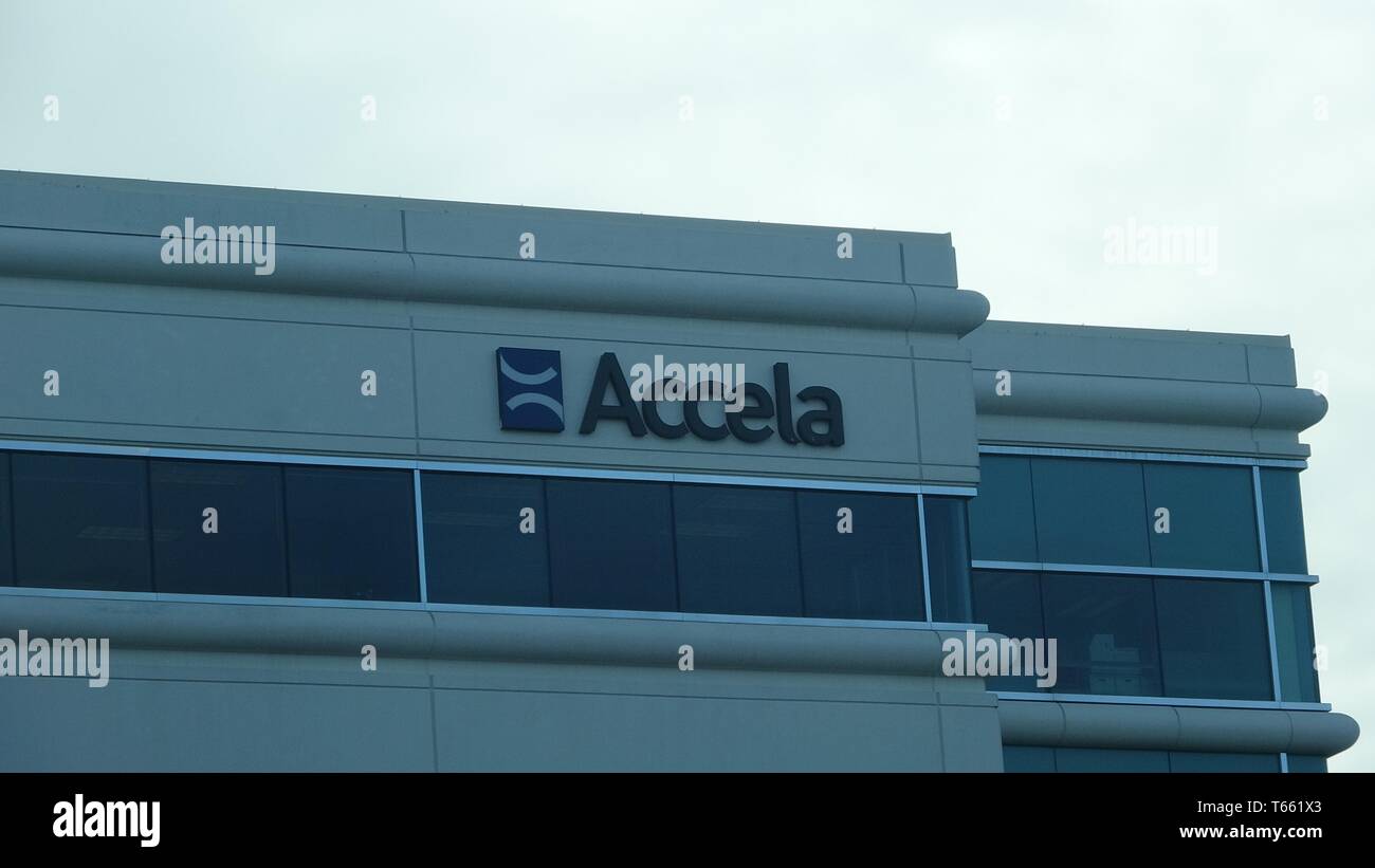 Close-up Logo auf der Fassade am Sitz der Regierung Software Anbieter Accela in San Ramon, Kalifornien, March 12, 2019. () Stockfoto