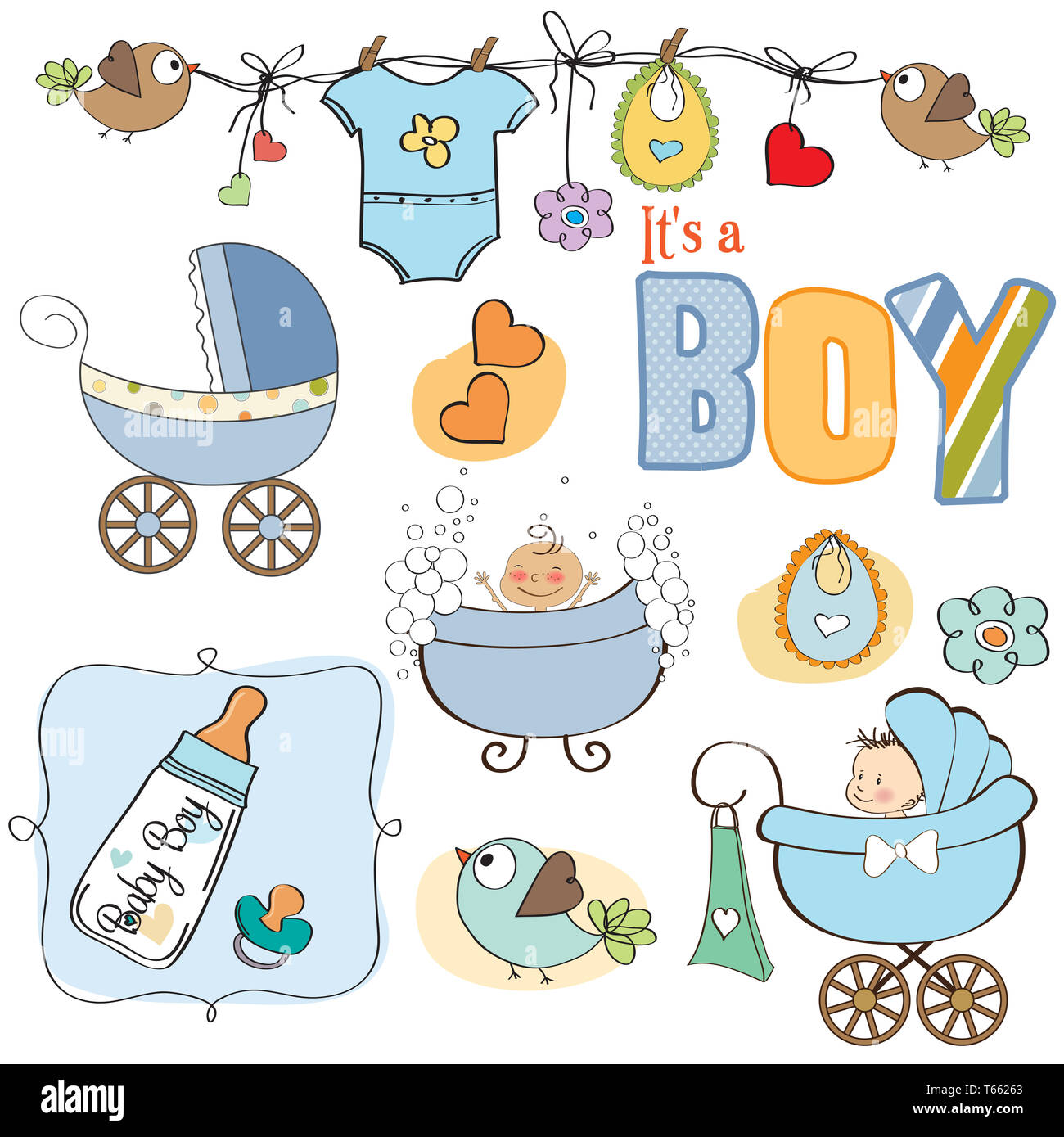 Baby Boy Dusche Elemente gesetzt isolierten auf weißen Hintergrund Stockfoto