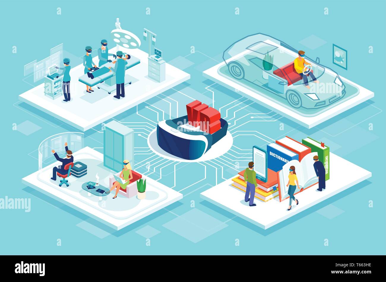 Das Konzept der Virtuellen Realität. Isometrische vektor Flussdiagramm Plakat mit Vr-controller Auto Renn Spiel, online Bildung und Einkaufsmöglichkeiten, medizinische Chirurgie Ausbildung Stock Vektor