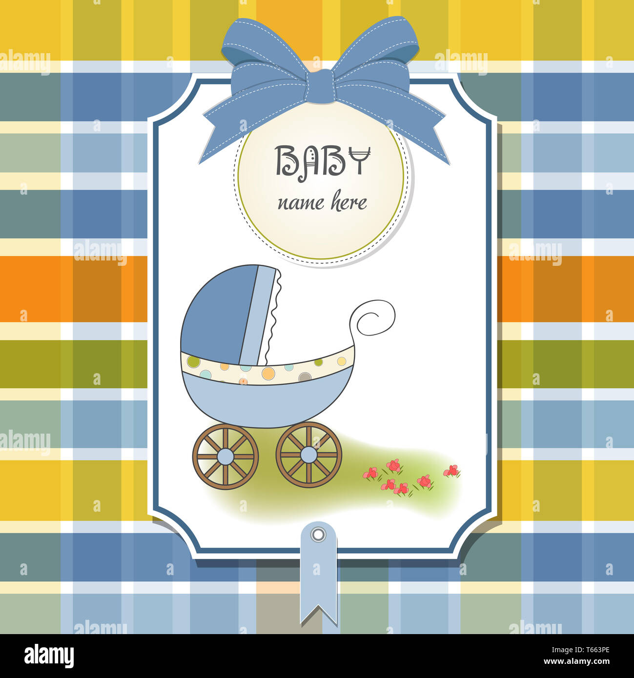 Baby Ankündigung Karte mit Kinderwagen Stockfoto