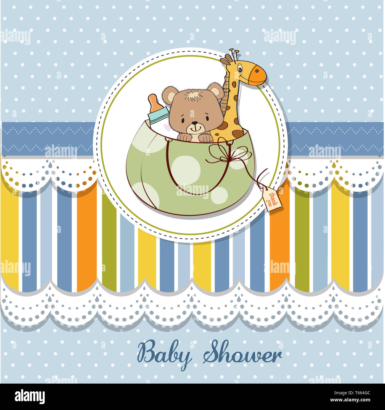 neue Baby Ankündigung Karte mit Tasche und gleichen Spielzeug Stockfoto