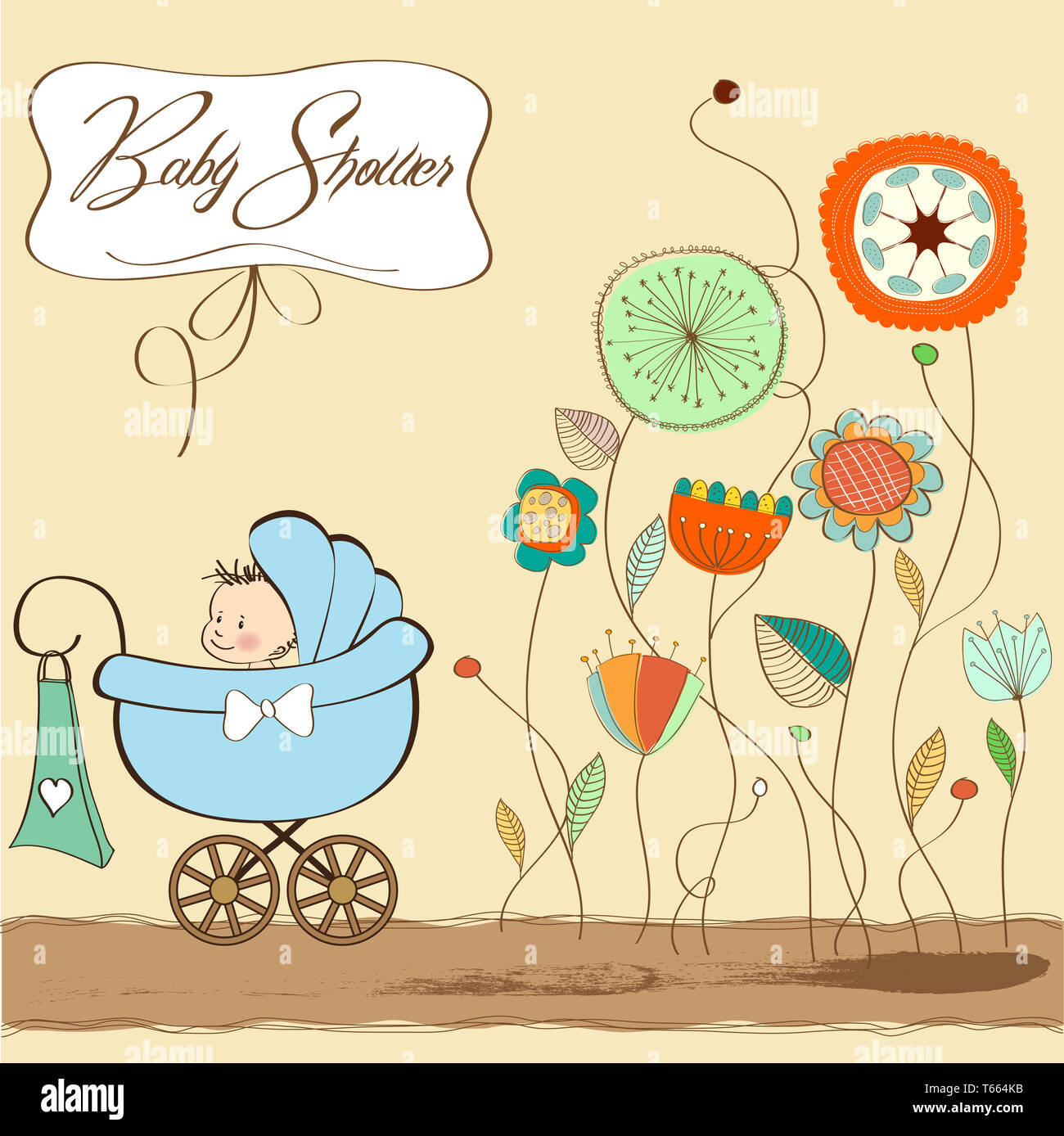 Baby Boy Ankündigung Karte mit Baby und Kinderwagen Stockfoto
