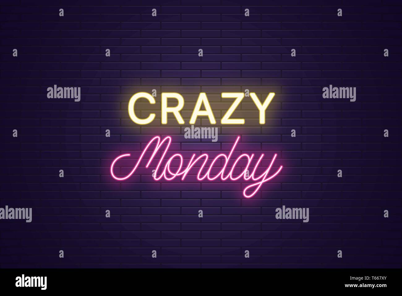 Neon Zusammensetzung der Schlagzeile verrückt Montag. Leuchtende Neon text Verrückt Montag, Groß- und Schriftzug. Helle digitale Tafel. Vorlage für Banne Stock Vektor
