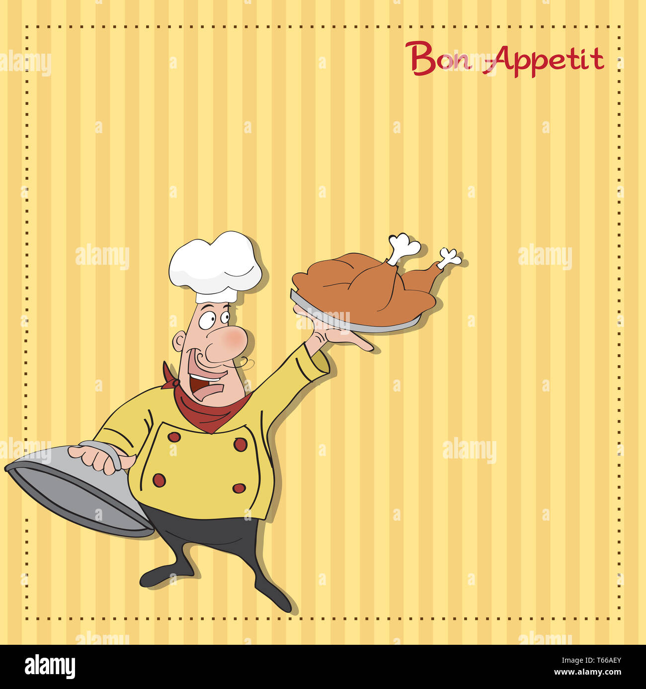 Lustige Comic-Koch mit Tablett mit Essen in der hand Stockfoto