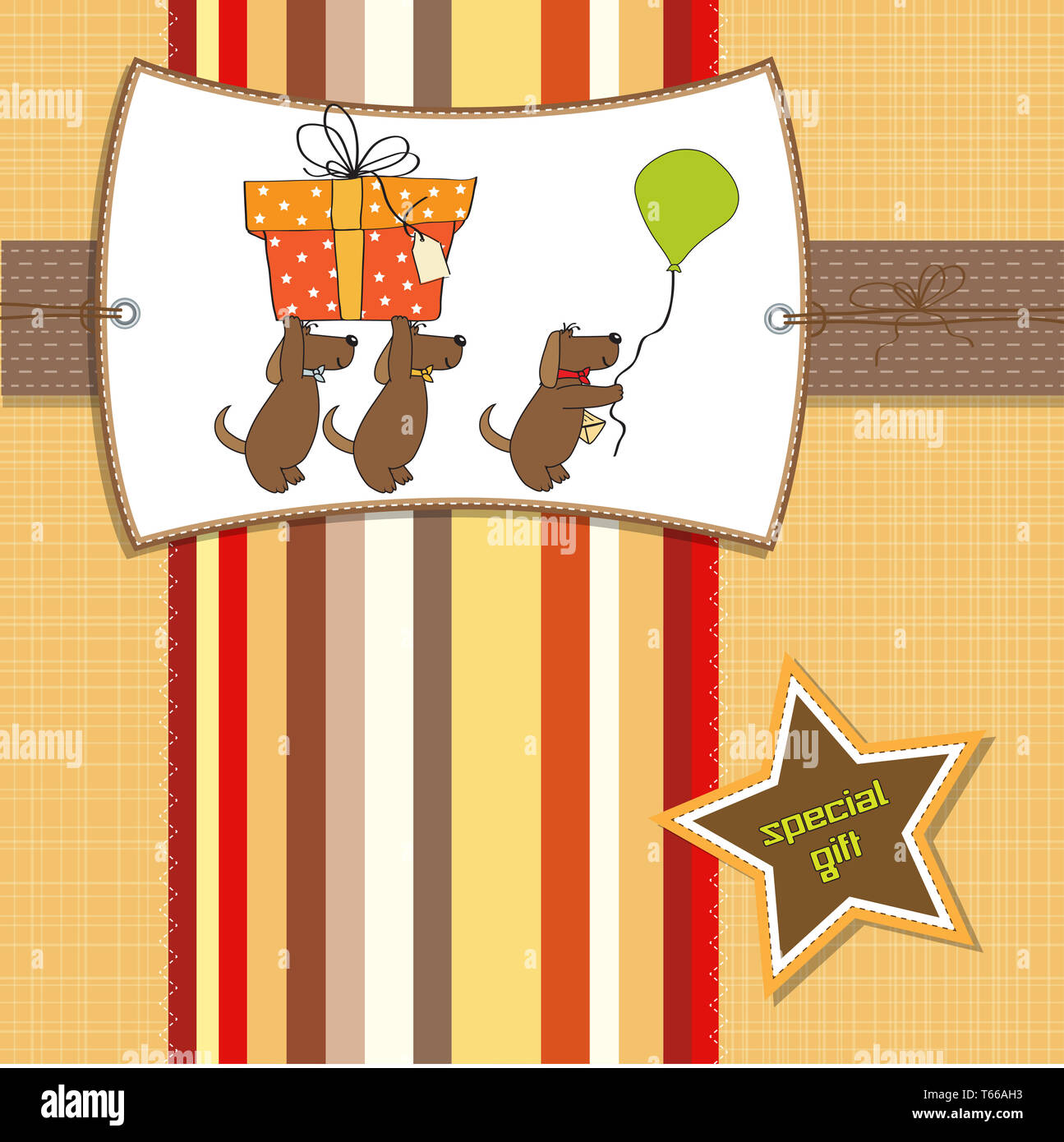 drei Hunde, die ein großes Geschenk anbieten. Geburtstag Grußkarte Stockfoto