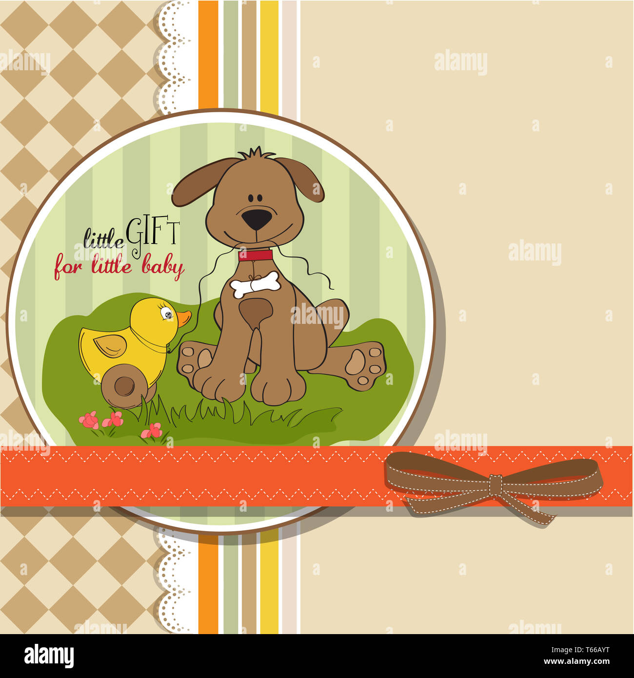 Baby-Dusche-Karte mit Hund und Ente Spielzeug Stockfoto