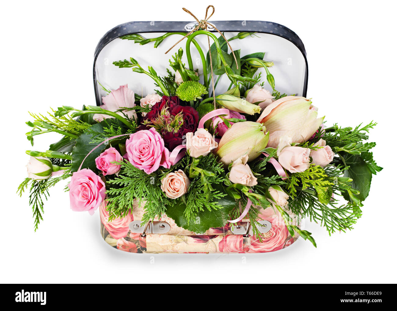 Eine Bunte, mit Blumenmustern Anordnung von Rosen und Lilien Stockfoto