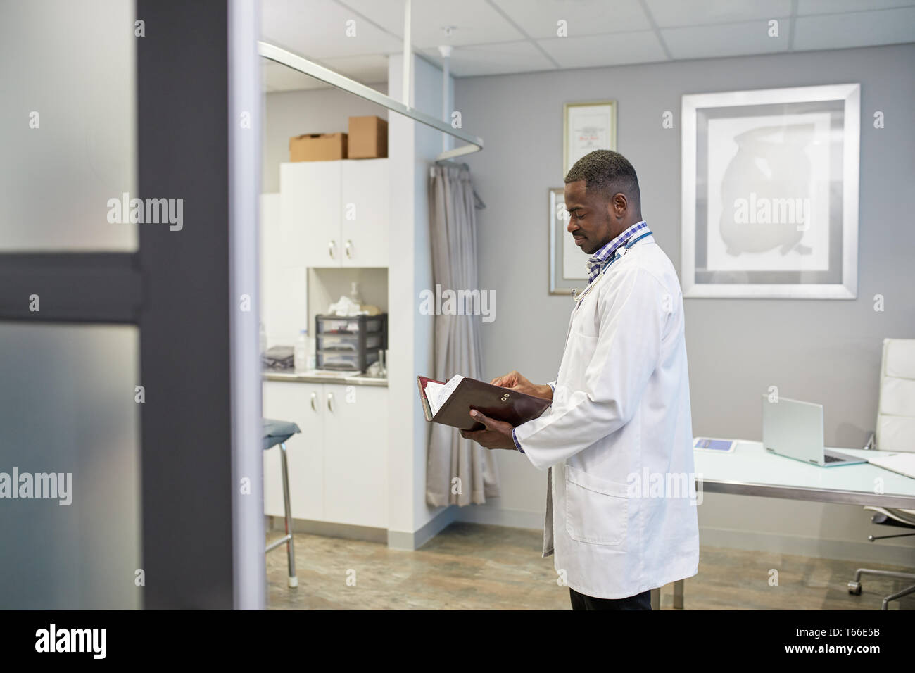 Männlicher Arzt Prüfungsschema in Klinik Ärzte Büro Stockfoto