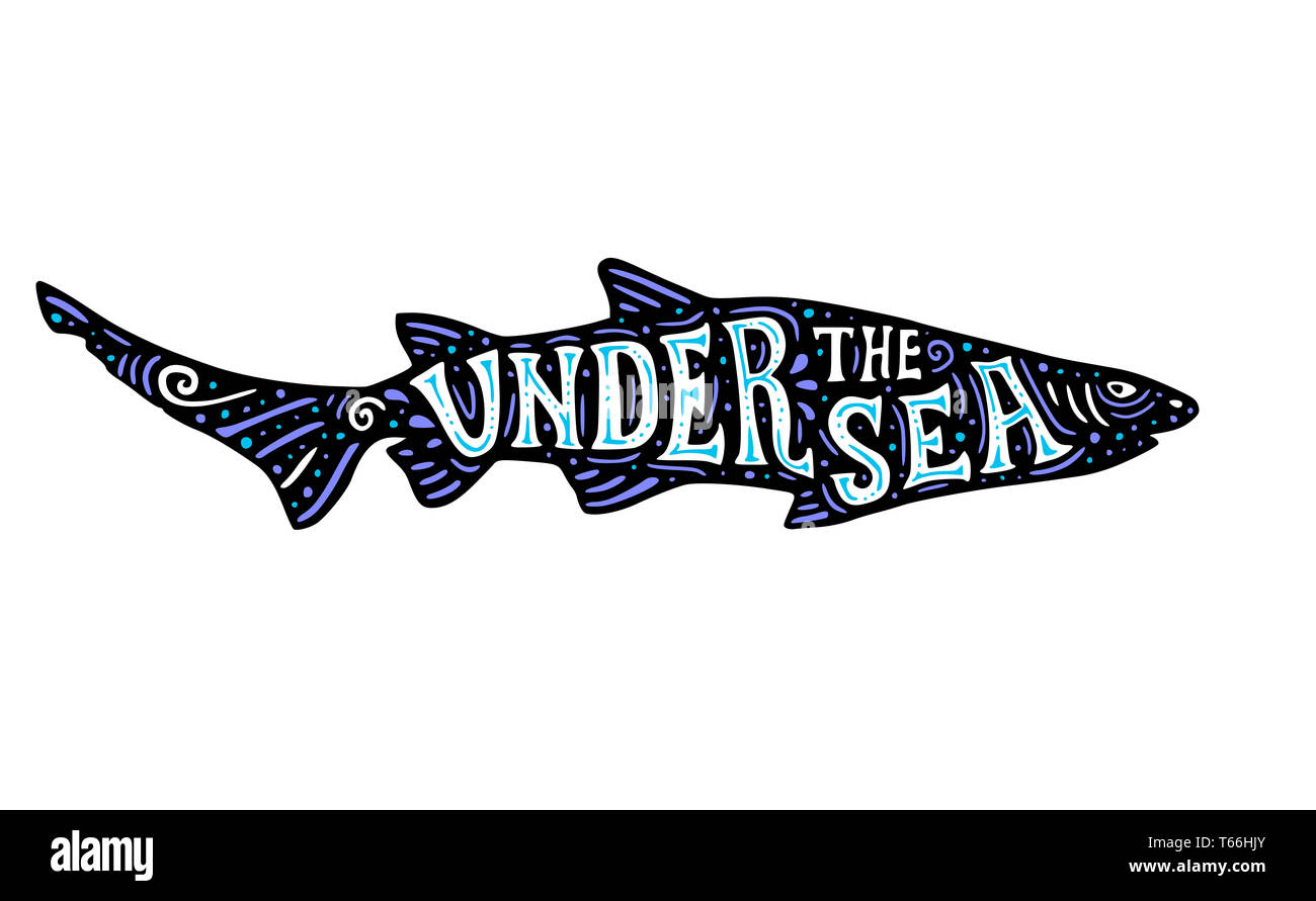Schwarze Silhouette der Shark auf weißem Grund und Schriftzug unter dem Meer. Natur und Sea Life Konzept. Abbildung gezeichnet Stockfoto