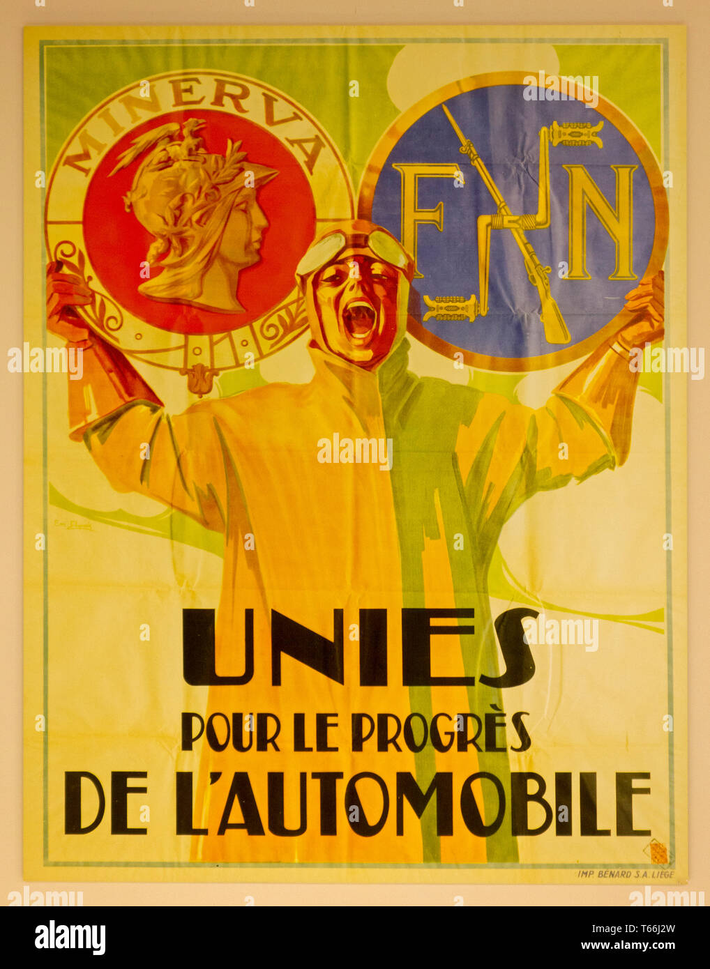 Alte Archivierung Poster über die Fusion der Belgischen Automobilhersteller Minerva und FN/Fabrique Nationale d'Herstal, Belgien Stockfoto