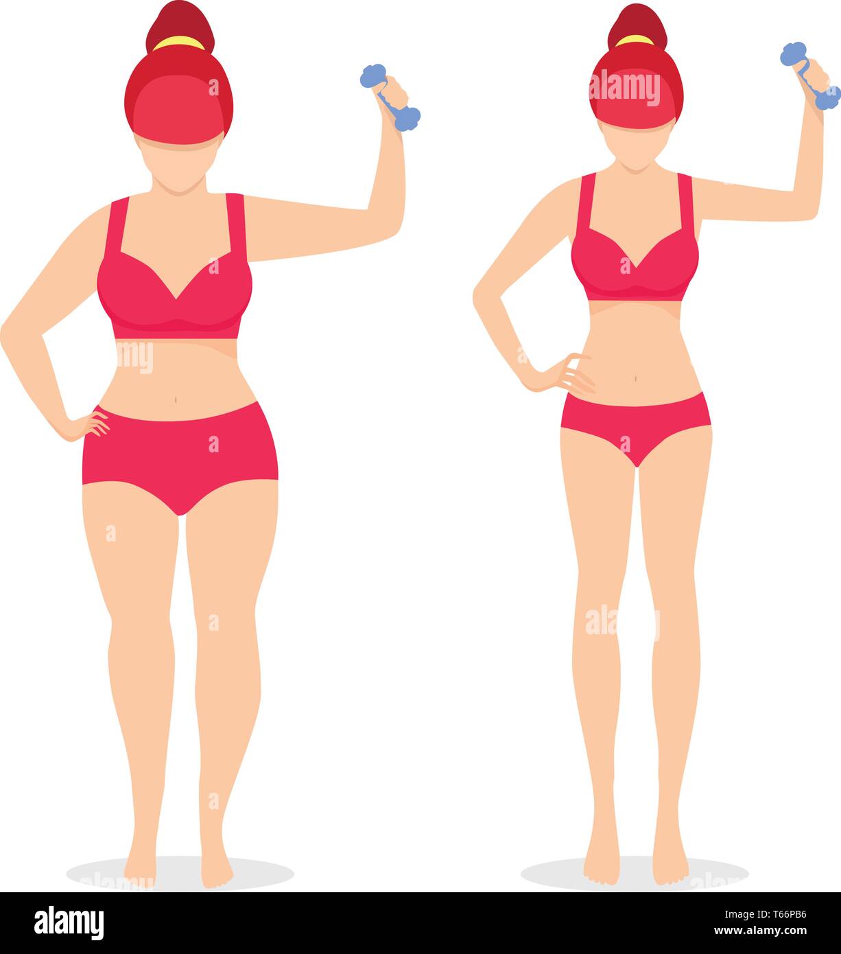 Fett und schlanke Frau Vor und Nach der Gewichtsreduktion in Unterwäsche isoliert auf weißem Hintergrund. Mädchen mit Hantel Diät und Fitness Concept. Fitnessraum, Gesundheit. Stock Vektor
