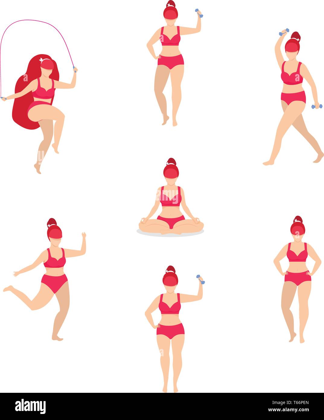 Frau Sport Aktivitäten gesetzt. Mädchen tun, Sport, Yoga, Jogging, Springen mit Seil, Fitness, Hantel Workout, in unterschiedlichen Posen. Cartoon Flach Stock Vektor