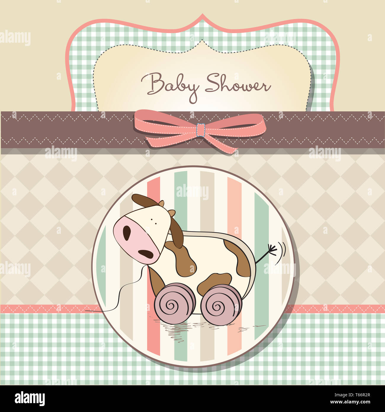 Baby-Dusche-Karte mit niedlichen Kuh Spielzeug Stockfoto
